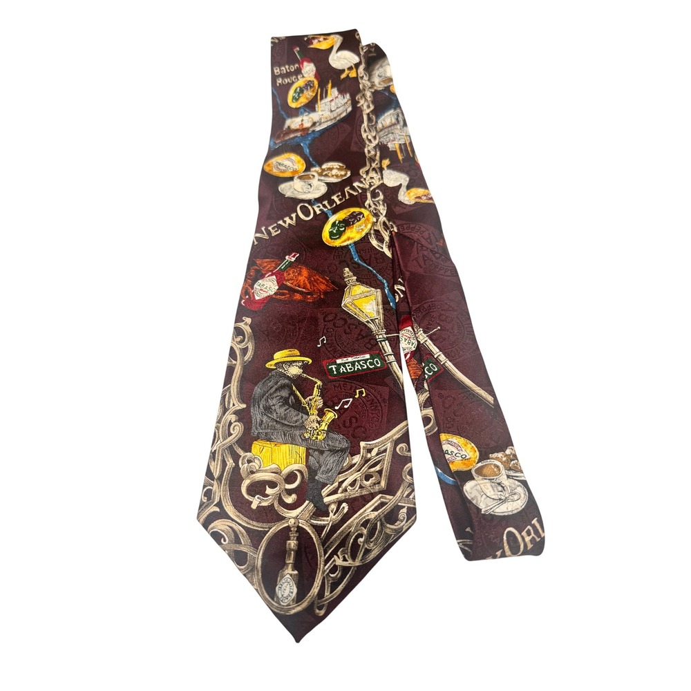 Vintage Tabasco New Orleans Silk Tie Burgundy Jazz Saxophone Foodie Novelty NOLA
